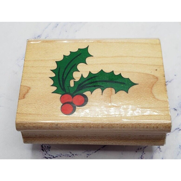 Holly Leaves and Berries Canadian Maple Collection Wood Mounted Rubber Stamp - Picture 1 of 8
